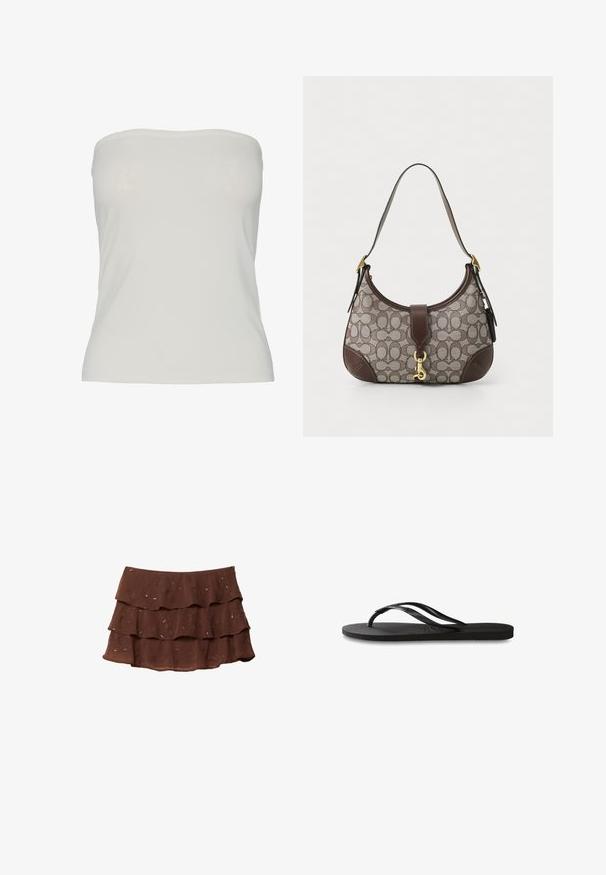 Pieces PCMADISON TUBE - Top - cloud dancer; Brauner, gestufter Rock mit drei Rüschen, aus leichtem Stoff mit floralem Muster und metallischen Akzenten. Traditionelles Taillenband-Design.; Schwarze Flip-Flops mit einer strukturierten Gummisohle, zwei schlanken Riemen und einem dezenten, geprägten Logo-Detail auf dem Riemen.; COACH HAMPTONS HOBO BAG IN SIGNATURE JACQUARD - Handtasche - oak maple