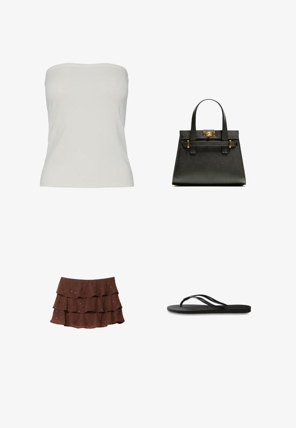 Pieces PCMADISON TUBE - Top - cloud dancer; Smeđa, slojevita suknja s tri volana, izrađena od lagane tkanine s cvjetnim uzorkom i metalnim akcentima. Dizajn s regularnim pojasom.; Crne japanke s teksturiranom gumenenom potplatom, dva uska remena i suptilnim, urezanim logom na remenu.; Crna torba s teksturom i kratkim ručkama, s zlatnom kopčom i ukrasima. Dizajn je strukturiran, s geometrijskim siluetama.