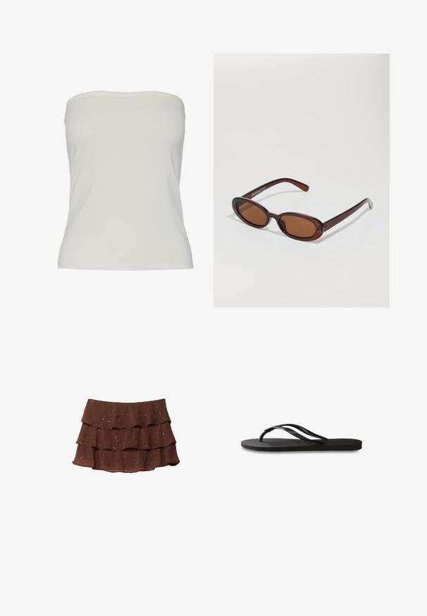 Pieces PCMADISON TUBE - Top - cloud dancer; Bruine, gelaagde rok met drie volants, gemaakt van lichtgewicht stof met een bloemenpatroon en metallic accenten. Ontwerp met een reguliere tailleband.; Zwarte flip-flop met een gestructureerde rubberen zool, twee slanke banden en een subtiele, ingedrukte logo-detail op de band.; Ronde, bruin getinte zonnebril met een glanzend bordeauxrood frame. Slanke pootjes met subtiele merkdetails. Vlakke lensontwerp.