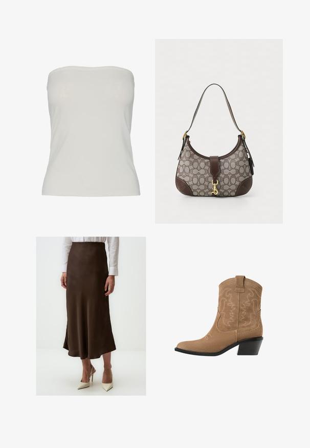 Pieces PCMADISON mleczny; Bursztynowa satynowa spódnica midi o gładkiej fakturze, lekko rozkloszowanym kroju i bocznym rozcięciu. Noszona z białą koszulą zapinaną na guziki i kremowymi szpilkami.; Brązowe zamszowe kowbojskie botki za kostkę z szpiczastym nosem, haftowanym wzorem i niskim, czarnym, piętą typu stacked. Posiadają pętle do łatwego zakładania.; COACH - Torebka