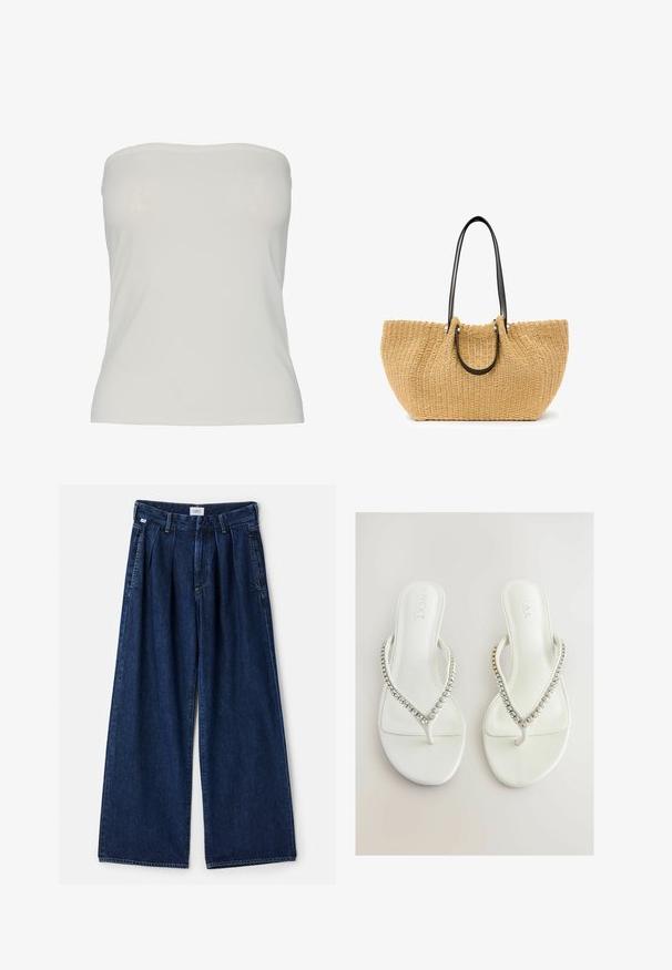 Pieces PCMADISON TUBE - Top - cloud dancer; Weit geschnittene blaue Denim-Hosen mit Falten, hoher Taille, Fronttaschen und strukturiertem Finish. Der Stoff ist dick und robust.; Weiße Flip-Flops mit glatter Textur, ausgestattet mit einem V-förmigen Riemen, der mit klaren, funkelnden Strasssteinen verziert ist. Einfaches und schlankes Design.; Geflochtener Strohtote in Beige, mit schwarzen Ledergriffen und silbernem Zubehör. Geräumige, geschwungene Form mit strukturiertem Oberflächenmaterial.