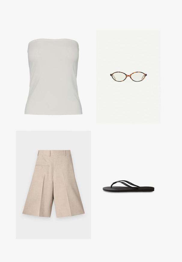 Pieces PCMADISON TUBE - Top - cloud dancer; MM6 Maison Margiela Pantaloni scurți - taupe; Încălțăminte tip flip-flop neagră cu o talpă din cauciuc texturat, două bretele subțiri și un detaliu discret, embosat cu logo pe bretea.; Ochelari cu ramă din tartan, cu lentile ovale și un finisaj elegant, neted. Prezintă margini subțiri cu o curbură subtilă la tâmple. Lentile clare.