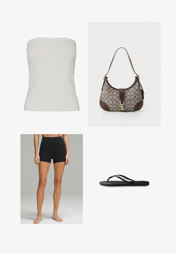 Pieces PCMADISON TUBE - Tops - cloud dancer; Melni augstākajā viduklī šorti, izgatavoti no elastīga auduma, ar gludu tekstūru, pieguļošu dizainu un vidējā auguma garumu. Nav redzamu akcentu.; Melni čības ar teksturētu gumijas zoli, divām plānām siksniņām un smalku, iespiedotu logotipa detaļu uz siksniņas.; COACH HAMPTONS HOBO BAG IN SIGNATURE JACQUARD - Rokassoma - oak maple