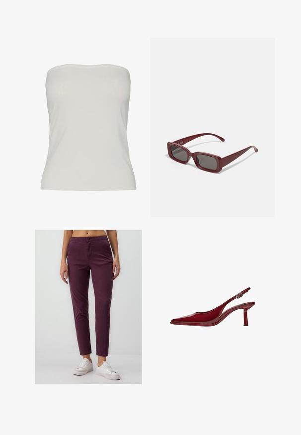 Pieces PCMADISON TUBE - Top - cloud dancer; Burgunderfarbene Slim-Fit-Hose aus Baumwolle mit Knopfverschluss, Vorderaschen und cropped Länge, kombiniert mit weißen Sneakern.; Bershka Pumps - dark red; Burgunderfarbene rechteckige Sonnenbrille mit dunklen Gläsern, dicken Fassungen und schmal zulaufenden Bügeln. Hergestellt aus glänzendem Kunststoff mit glatter Textur.