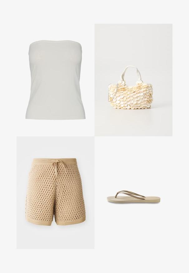 Pieces PCMADISON TUBE - Top - cloud dancer; Shorts all'uncinetto beige con un intricato motivo a diamante, vita con cordoncino e bordi a costine. Tessuto leggero e traspirante.; Infradito beige chiaro con soletta testurizzata, suola piatta e sottili cinturini lucidi. Presenta un marchio discreto sul cinturino.; Pochette bianca con decorazioni testurizzate a forma di conchiglia scallop. Presenta un manico intrecciato e una tracolla in catena argentata per maggiore versatilità.