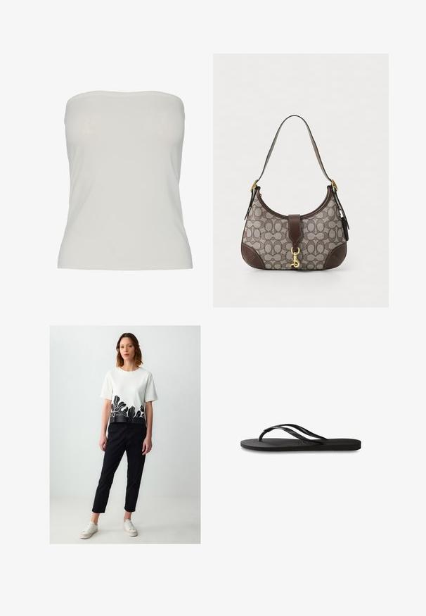 Pieces PCMADISON TUBE - Top - cloud dancer; Top bianco a maniche corte e taglio cropped, con design floreale nero all'orlo, abbinato a pantaloni neri a sigaretta e sneakers bianche.; Infradito neri con suola in gomma testurizzata, due cinghie sottili e un sottile dettaglio del logo impresso sulla cinghia.; COACH HAMPTONS HOBO BAG IN SIGNATURE JACQUARD - Borsa a mano - oak maple
