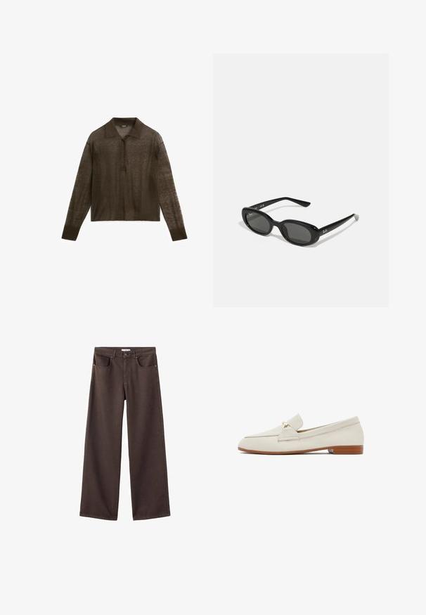 Polo marron à manches longues en tissu léger, avec un col, une patte de boutonnage et des poignets côtelés.; Pantalons en denim à jambe large de couleur marron foncé, avec poches avant, taille standard et design classique à cinq poches. Texture douce et robuste.; Mocassins en cuir crème avec une semelle plate marron. Présente un rabat à l'avant et un petit accent doré sur le côté. Texture lisse, design minimal.; Lunettes de soleil noires avec des verres ovales, monture en plastique brillant et branches fines. Présente le logo Ray-Ban en blanc sur le côté.