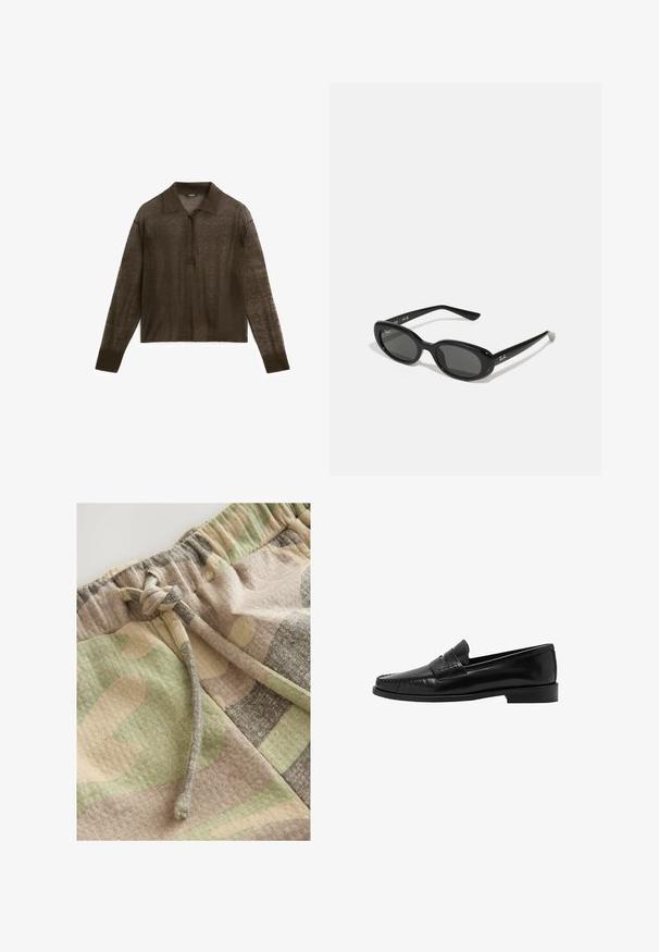 Braunes Polohemd mit langen Ärmeln aus leichtem Stoff, mit kragenförmigem Ausschnitt, Knopfleiste und gerippten Bündchen.; Tarnmuster-Shorts in einer Mischung aus grünen, beigen und grauen Farbtönen. Mit elastischem Bund und Kordelzug für eine verstellbare Passform.; Mango Slipper - black; Schwarze Sonnenbrille mit ovalen Gläsern, glänzendem Kunststoffrahmen und schlanken Bügeln. Mit Ray-Ban-Logo in Weiß an der Seite.