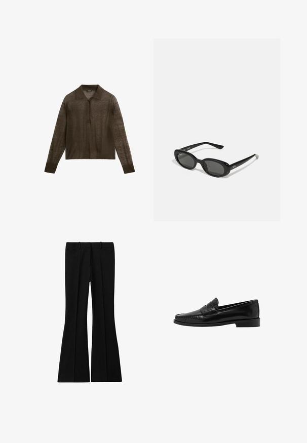 Polo marron à manches longues en tissu léger, avec un col, une patte de boutonnage et des poignets côtelés.; Reiss GABI FLARED - Pantalon classique - black; Mango Chaussons - black; Lunettes de soleil noires avec des verres ovales, monture en plastique brillant et branches fines. Présente le logo Ray-Ban en blanc sur le côté.; Sac en cuir noir avec des accents en métal doré, doté d'un fermoir signature, d'une bandoulière amovible et d'une surface texturée.
