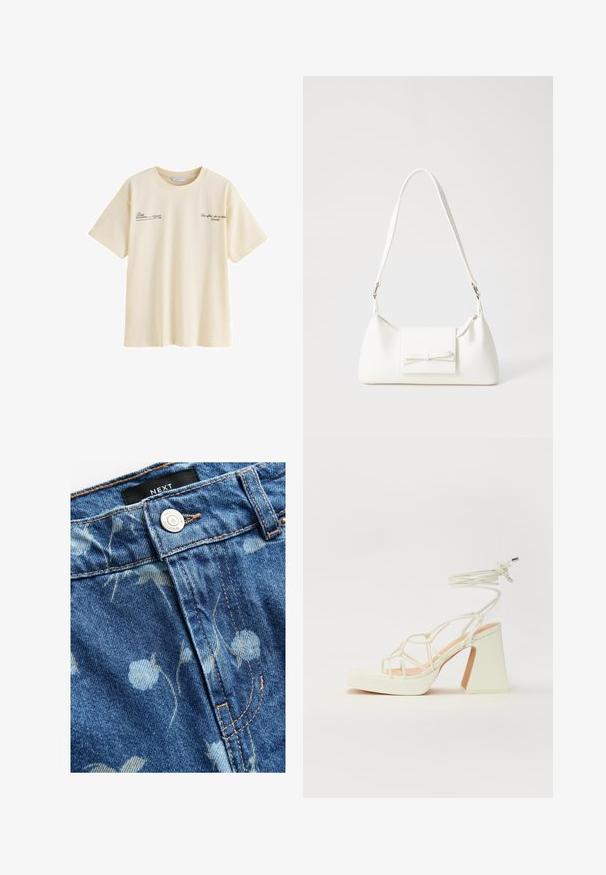 Camiseta de algodón de color crema con mangas cortas, que presenta texto impreso en negro en el frontal. Cuello redondo simple y corte relajado.; Tejido de mezclilla en azul claro, con un estampado floral. Incluye un cierre de botón plateado y costuras en color marrón claro a lo largo de las costuras. Etiqueta de la marca visible.; Sandalia de tacón alto blanca con un tacón grueso, que presenta un diseño de tiras y un lazo en el tobillo. Textura suave con una plataforma en la parte delantera para mayor altura.; Bolso sintético blanco con forma triangular, tapa frontal plana y detalle de lazo, correa ajustable, textura suave y diseño minimalista.