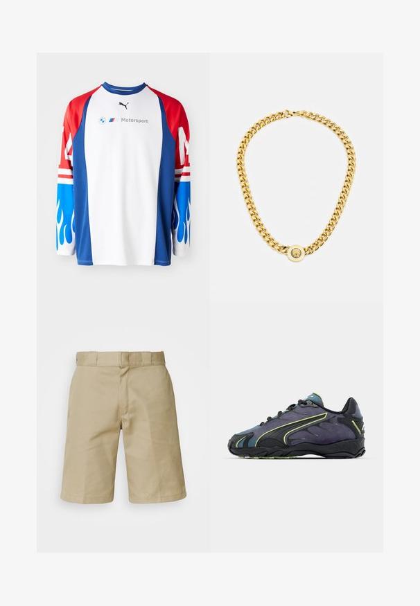 Cămașă cu mânecă lungă, cu un corp alb și mâneci roșii și albastre decorate cu modele de flăcări. Afișează logo-urile BMW și Puma într-un mod proeminent.; Pantaloni scurți khaki cu un design flat front, talie cusută cu bucle pentru curea și două buzunare laterale. Fabricati dintr-un material ușor.; Pantofi sport negri și mov, cu un superior texturat, linii de accent verzi și o talpă din cauciuc cu un design ondulat. Închidere cu șireturi.; Colier din aur cu mari zale interconectate, având un detaliu central sub formă de pandantiv circular cu un emblemă proeminentă.