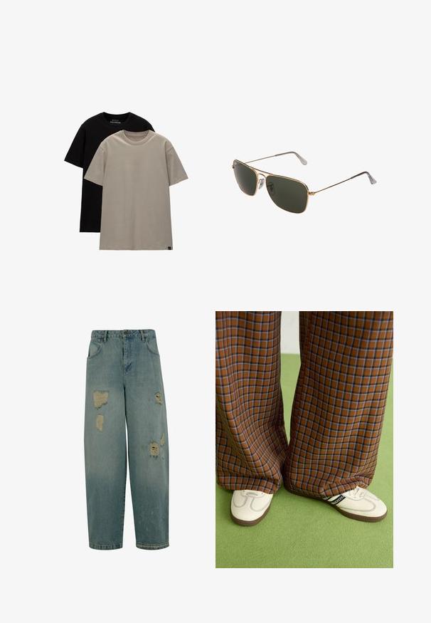 Set de două tricouri; unul negru, unul bej deschis. Croială normală, cu guler rotund, realizate dintr-un material moale din bumbac. Design simplu, fără modele.; Jeans din denim de culoare albastră deschisă, cu o croială lejeră, având multiple zone distruse și margini desfăcute. Design clasic cu cinci buzunare.; Pantaloni largi cu carouri maro și albastru, asociați cu pantofi albi cu accente negre și tălpi texturate, împotriva unui fundal verde.; Ochelari de soare aviator din metal aurit, cu lentile mari de culoare verde închis, având un cadru subțire și pernițe nazale transparente pentru confort.