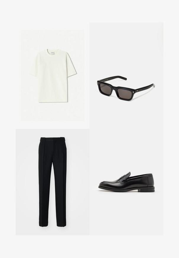 Vit oversized t-shirt i bomull med rund hals, korta ärmar och en etikett sydd i halsringningen. Slät textur, minimalistisk design.; Filippa K RELAXED PLEATED - Tygbyxor - black; Svarta läderloafers med en slät yta, rund tå och ett dekorativt band över främre delen. Låg staplad klack, minimalistisk design.; Svarta rektangulära solglasögon med mörka linser, tjock plastbåge, guldfinish på skalmarna och varumärkeslogotyp graverad på armen.