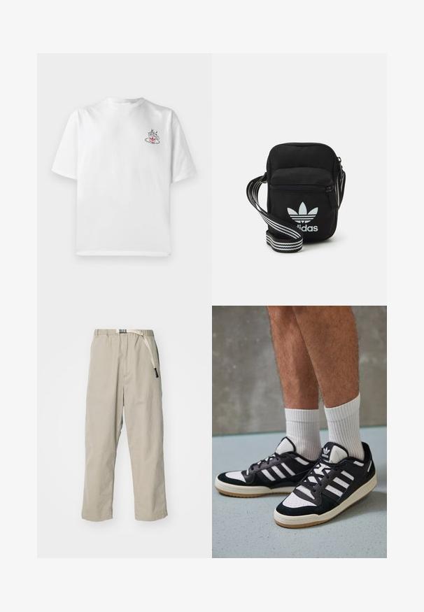 Witte katoenen t-shirt met korte mouwen, met een kleine roze en zwarte koffiecup graphic op de linker borstzijde.; Manastash FLEX CLIMBER WIDE LEG - Broek - grey; Zwart-witte sneakers met een bovenwerk van suede en leer, voorzien van drie witte strepen, een geperforeerde neus en een rubberen gumzool.; Zwarte stoffen schoudertas met een ritssluiting, voorzien van een wit Adidas-logo en een gestreepte, verstelbare schouderband voor gemakkelijk dragen.