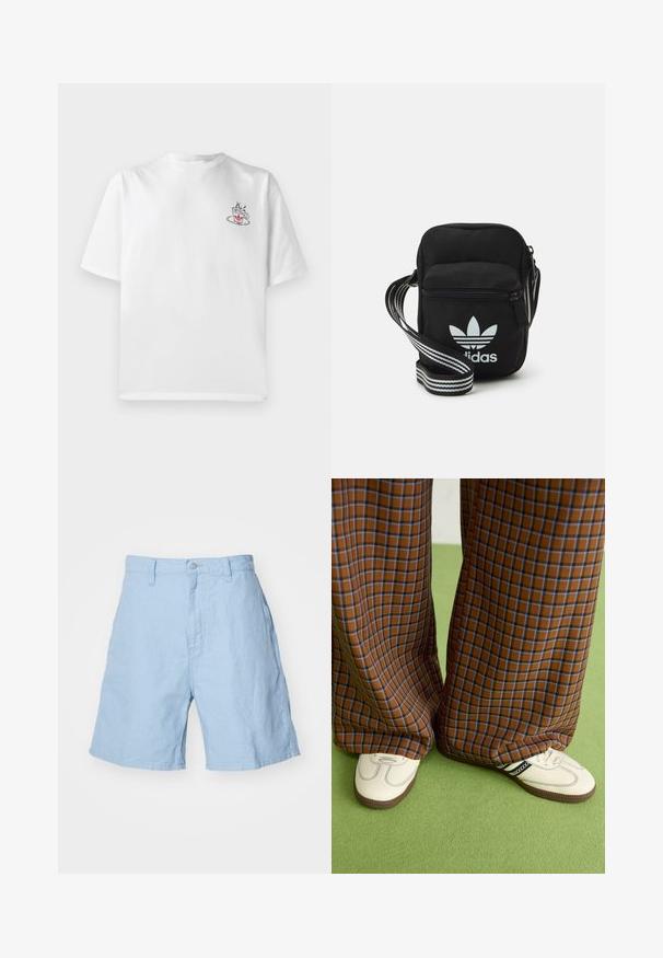 Balts kokvilnas t-krekls ar īsām piedurknēm, ar mazu rozā un melnu kafijas krūzes grafiku kreisajā krūšu daļā.; Gaišs zili linu šorti ar pogu un rāvējslēdzēju, ar divām sānu kabatām un brīvu piegriezumu. Asu tekstūru, līdz vidusaugumam.; Brūni un zili rūtaini platās kājas bikses, kas savienotas ar baltām kurpēm ar melniem akcentiem un teksturētām zolēm, uz zaļa fona.; Melna auduma crossbody soma ar rāvējslēdzēja aizdari, kurai ir balts Adidas logo un svītrainas regulējamas siksnas ērtiem pārvietošanās veidiem.