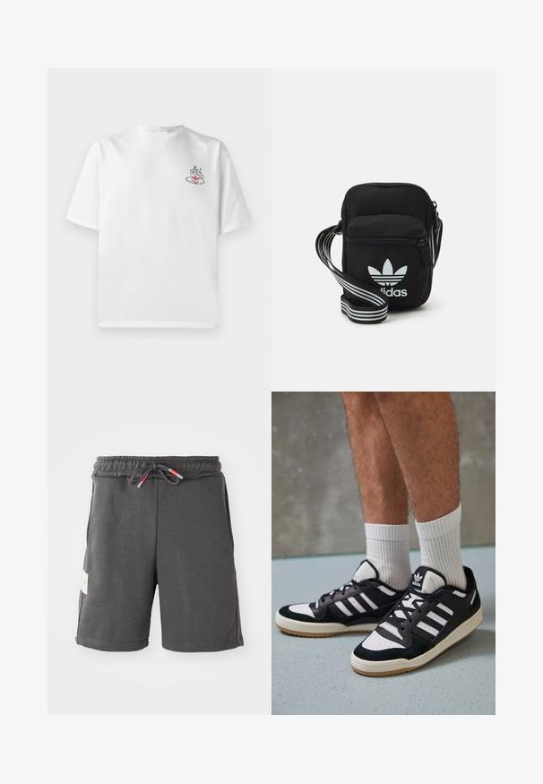 Witte katoenen t-shirt met korte mouwen, met een kleine roze en zwarte koffiecup graphic op de linker borstzijde.; Grijze sportshorts met een elastische tailleband en een trekkoord. Voorzien van zijzakken en een stoffen label aan de linkerkant. Lichtgewicht materiaal.; Zwart-witte sneakers met een bovenwerk van suede en leer, voorzien van drie witte strepen, een geperforeerde neus en een rubberen gumzool.; Zwarte stoffen schoudertas met een ritssluiting, voorzien van een wit Adidas-logo en een gestreepte, verstelbare schouderband voor gemakkelijk dragen.