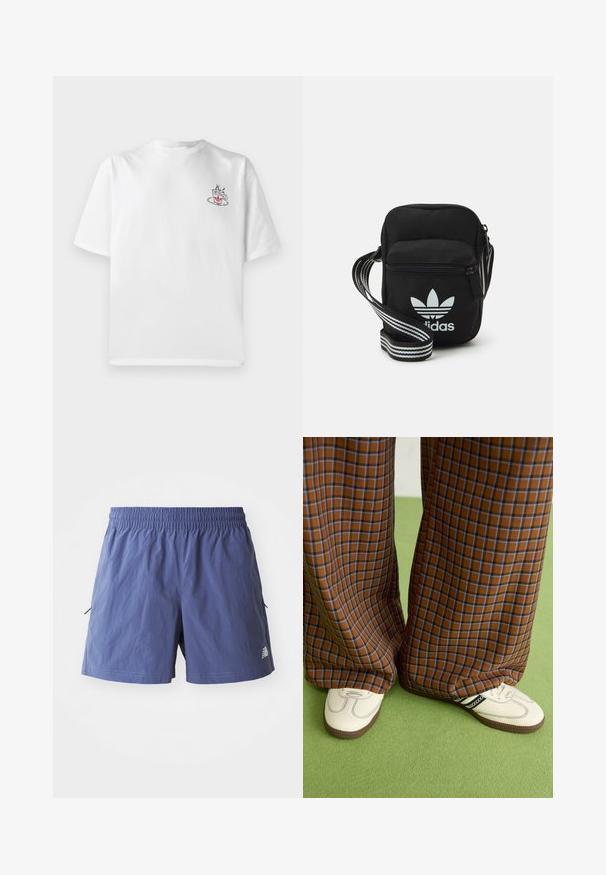 Balts kokvilnas t-krekls ar īsām piedurknēm, ar mazu rozā un melnu kafijas krūzes grafiku kreisajā krūšu daļā.; Vīriešu šorti gaiši violetā krāsā, izgatavoti no viegla auduma. Iekļauj elastīgu jostasvietu, sānu kabatas un logo apakšmalā.; Brūni un zili rūtaini platās kājas bikses, kas savienotas ar baltām kurpēm ar melniem akcentiem un teksturētām zolēm, uz zaļa fona.; Melna auduma crossbody soma ar rāvējslēdzēja aizdari, kurai ir balts Adidas logo un svītrainas regulējamas siksnas ērtiem pārvietošanās veidiem.