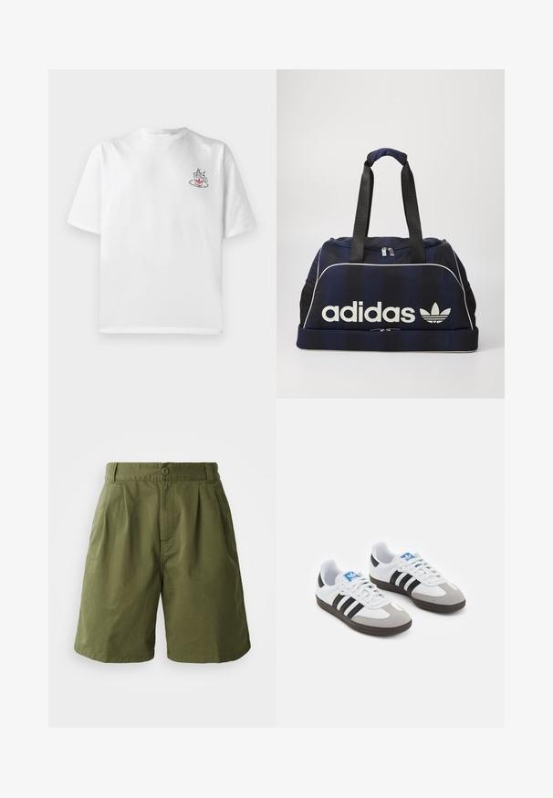 White cotton t-shirt with short sleeves, featuring a small pink and black coffee cup graphic on the left chest area.; Olive green shorts made of lightweight fabric, featuring a pleated front, button closure, and side pockets, with a straight-cut design.; Sport shoes with a white leather upper, gray suede toe, and three black stripes. Features a blue logo on the tongue and a textured rubber sole.; Navy duffel bag with white Adidas logo, featuring a zippered top, two sturdy black handles, and side mesh pockets. Smooth fabric texture.