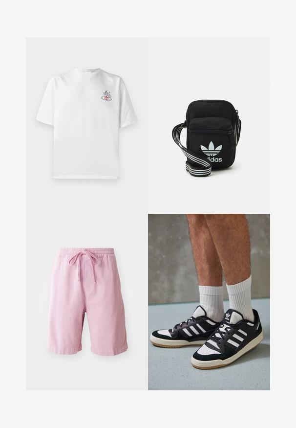 Hvid bomulds t-shirt med korte ærmer, der har et lille pink og sort kaffekop grafik på venstre brystområde.; Lyserøde shorts lavet af bomuld, med elastisk talje og snoretræk, samt lige ben med stikninger ved kanten.; Sorte og hvide sneakers med en overdel i ruskind og læder, der har tre hvide striber, en perforeret tå og en sål i gummigummi.; Sort stof crossbody tas med lynlås, der har et hvidt Adidas-logo og en stribet justerbar rem for nem bæring.