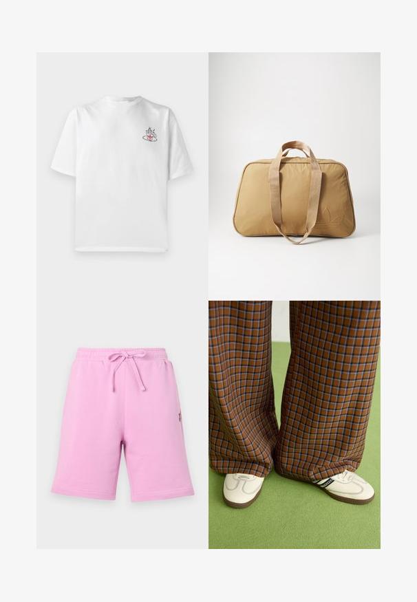 T-shirt en coton blanc à manches courtes, avec un petit graphique de tasse à café rose et noir sur le côté gauche de la poitrine.; Shorts en coton rose avec une taille élastique et un cordon de serrage ajustable. Comprend une poche latérale et un petit détail de logo.; Un pantalon large à carreaux marron et bleu associé à des chaussures blanches avec des accents noirs et des semelles texturées, le tout sur fond vert.; Sac de sport tan avec deux poignées en tissu, texture lisse, fermeture éclair, forme ovale et un logo en relief subtil sur un côté.