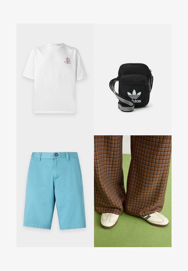 Balts kokvilnas t-krekls ar īsām piedurknēm, ar mazu rozā un melnu kafijas krūzes grafiku kreisajā krūšu daļā.; Gaiši zilie šorti, izgatavoti no gludas auduma. Ar pogu aizdari un jostu cilpiņām, taisna griezuma, kas sasniedz ceļgalu.; Brūni un zili rūtaini platās kājas bikses, kas savienotas ar baltām kurpēm ar melniem akcentiem un teksturētām zolēm, uz zaļa fona.; Melna auduma crossbody soma ar rāvējslēdzēja aizdari, kurai ir balts Adidas logo un svītrainas regulējamas siksnas ērtiem pārvietošanās veidiem.