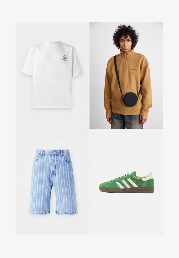 Balta medvilninė marškinėliai trumpomis rankovėmis, su mažo rožinio ir juodo kavos puodelio grafika kairėje krūtinės srityje.; Šviesiai mėlyni džinsiniai šortai su vertikaliomis baltomis juostelėmis, turintys klasikinius penkių kišenių dizainą ir sagos uždarymą ties juosmeniu.; Žali suediniai sportbačiai su baltais trimis juostelėmis, grietinėlės spalvos akcentais ir rudo tekstūruoto pado. „SPEZIAL“ išsiuvinėta auksine spalva šone.; Rudas ketvirčio užtrauktuko vilnos švarkas su siuvinėtu logotipu, derinamas su juodu apvaliu per petį nešiojamu krepšiu su užtrauktuku ir logotipo detale, dėvimas virš džinsų.