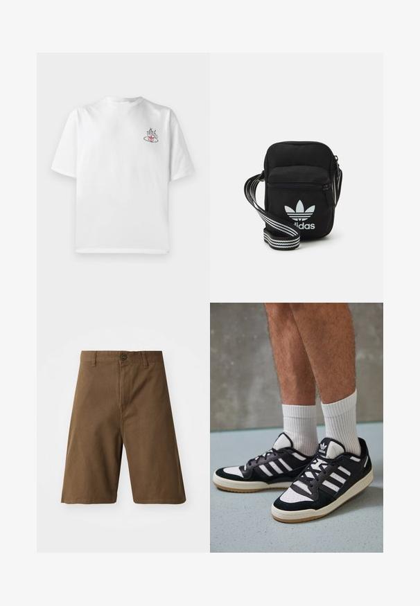 Witte katoenen t-shirt met korte mouwen, met een kleine roze en zwarte koffiecup graphic op de linker borstzijde.; Bruine katoenen shorts met een rechte snit, voorzien van een voorste knoopsluiting, riemlussen en zijzakken. Gladde textuur en nette naden.; Zwart-witte sneakers met een bovenwerk van suede en leer, voorzien van drie witte strepen, een geperforeerde neus en een rubberen gumzool.; Zwarte stoffen schoudertas met een ritssluiting, voorzien van een wit Adidas-logo en een gestreepte, verstelbare schouderband voor gemakkelijk dragen.
