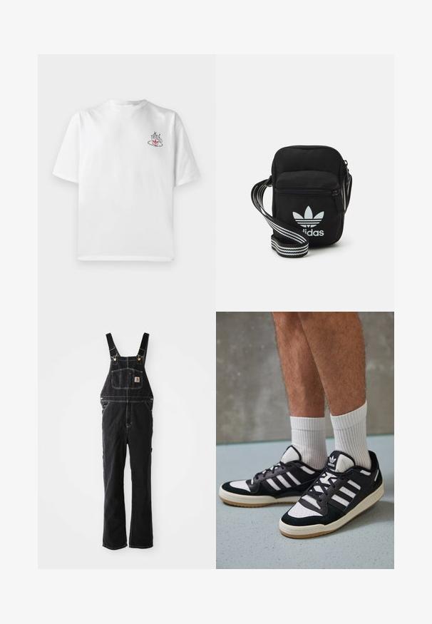 Witte katoenen t-shirt met korte mouwen, met een kleine roze en zwarte koffiecup graphic op de linker borstzijde.; Zwarte denim tuinbroeken hebben verstelbare banden, een voork pocket en gouden hardware accenten. De stof heeft een textuurrijke, stevige uitstraling.; Zwart-witte sneakers met een bovenwerk van suede en leer, voorzien van drie witte strepen, een geperforeerde neus en een rubberen gumzool.; Zwarte stoffen schoudertas met een ritssluiting, voorzien van een wit Adidas-logo en een gestreepte, verstelbare schouderband voor gemakkelijk dragen.