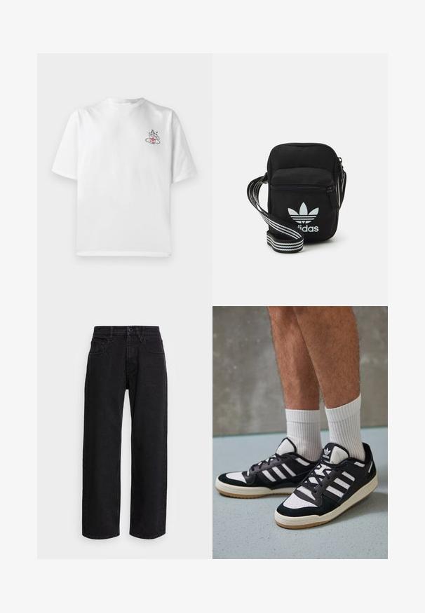 T-shirt en coton blanc à manches courtes, avec un petit graphique de tasse à café rose et noir sur le côté gauche de la poitrine.; Pantalons larges en denim noir avec taille haute, dotés de cinq poches et d'une fermeture à bouton. Le tissu a une texture lisse et une légère élasticité.; Baskets noir et blanc avec une tige en suède et cuir, comportant trois rayures blanches, un bout perforé et une semelle en caoutchouc gum.; Sac bandoulière noir en tissu avec fermeture éclair, arborant un logo Adidas blanc et une sangle réglable rayée pour un port facile.