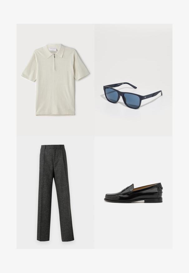 Kurzärmliges Poloshirt in hellbeige mit Reißverschlusskragen. Hergestellt aus glattem Stoff, bietet es ein einfaches, modernes Design ohne Muster.; Graue maßgeschneiderte Hose aus strukturiertem Stoff, mit zwei vorderen Falten und geradem Bein. Keine sichtbaren Taschen oder Verzierungen.; Bally CHARLEX - Business-Slipper - black; Blaue rechteckige Sonnenbrille mit dunklen Gläsern, mattem navy-blauen Rahmen, Logodetail an den Bügeln, geraden Bügeln und einer soliden, glatten Textur.