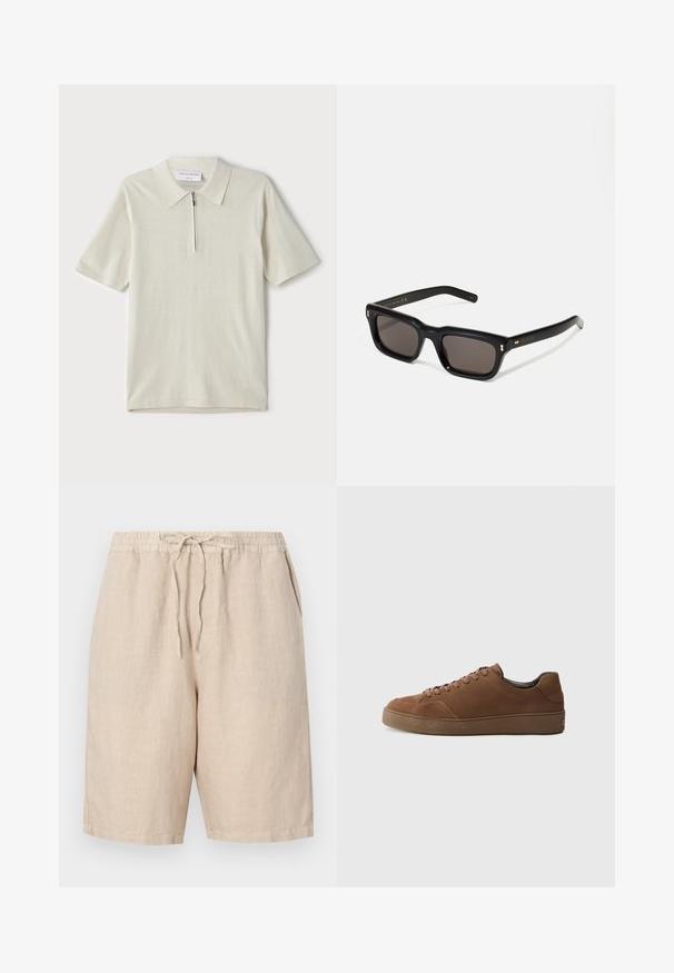 Lühikeste varrukatega polo särk heles beeži värviga, millel on tõmblukk kaeluses. Valmistatud siledast kangast, minimalistlik ja kaasaegne disain ilma mustriteta.; Heledest beezhi värvi linased lühikesed püksid elastse vöökoha, reguleeritava nööriga ja küljetaskutega. Sile tekstuur ja mugav lõige.; Pruun sametist spordijalanõud, millel on ümar varvas, lame pael ja tekstuuriga kummitald. Lihtne disain minimaalse aktsentidega.; Mustad mustakorruselised prillid tumedate läätsedega, paks plastikraam, kuldsed aksendid templites ning kaubamärgi logo graveeritud käe lilla.