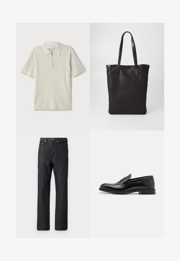 Vaate lyhythihaisista polo-paitojen vaaleassa beige-värissä, jossa on vetoketjukaulus. Valmistettu sileästä kankaasta, yksinkertainen ja moderni malli ilman kuvioita.; Tumman siniset farkut, joissa on suora lahje. Ominaisuuksiin kuuluvat viisi taskua, oranssit tikkaustyöt ja nappikiinnitys vyötäröllä.; Mustat nahkakengät, joissa on sileä pinta, pyöreä kärki ja koristeellinen nauha jalkapöydän yli. Matala pinoitu koroke, minimalistinen muotoilu.; Mustat kangaskassit mustilla nahkahandleilla. Yksinkertainen muotoilu, tilava runko ja sileä pinta. Ei näkyviä logoja tai kuvioita.