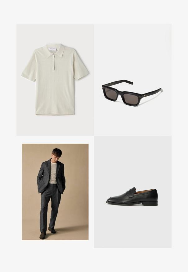 Rövid ujjú, világosbézs pólóing, cipzáras gallérral. Simás anyagból készült, egyszerű, modern dizájnnal, minta nélkül.; Szürke szabott öltöny, háromszögletű hajtókával és elülső zsebekkel, csíkos inggel párosítva. A nadrágnak laza fazonja van és plisszé részletekkel rendelkezik. Barna cipő.; Fekete bőr mokaszin, kerek orral, diszkrét varrásokkal és alacsony sarokkal, sima felülettel és minimalista dizájnnal.; Fekete téglalap alakú napszemüveg sötét lencsékkel, vastag műanyag keret, arany díszítések a szárakon, és a márka logója gravírozva a szára.
