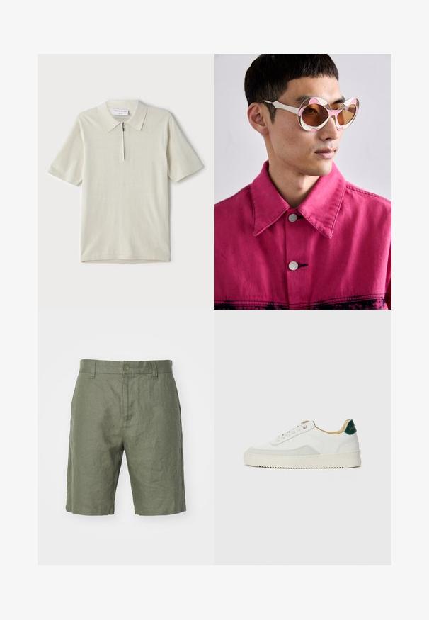 Koszulka polo z krótkim rękawem w jasnym beżu z zamkiem przy kołnierzu. Wykonana z gładkiej tkaniny, charakteryzuje się prostym, nowoczesnym wzornictwem bez wzorów.; NN.07 - Szorty; Białe trampki z zamszowymi akcentami, zaokrąglony czubek, płaskie sznurowadła i kremowa gumowa podeszwa. Posiadają zielone logo na pięcie.; Białe i różowe, oversize'owe okulary przeciwsłoneczne z zakrzywioną ramką, z brązowymi szkłami. Modelka ma na sobie różową dżinsową kurtkę z kołnierzem.
