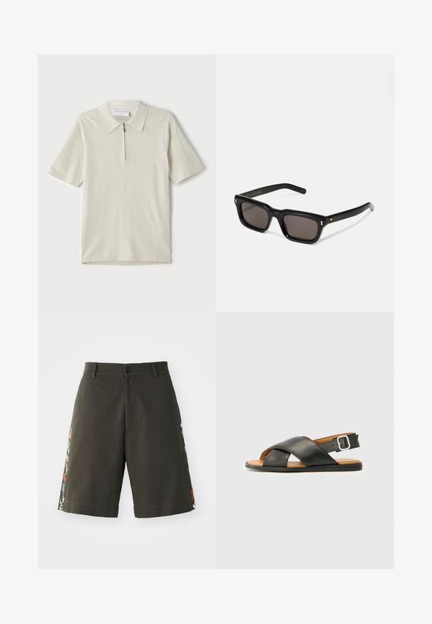 Short-sleeve polo shirt in light beige with a zippered collar. Made of smooth fabric, features a simple, modern design without patterns.; Paul Smith EMBORIDERED - Shorts - military green; Black leather sandal with crossed straps, open toe, and ankle strap featuring a metal buckle. Brown insole and black sole. Simple design.; Black rectangular sunglasses with dark lenses, thick plastic frame, gold accents on temples, and brand logo engraved on the arm.