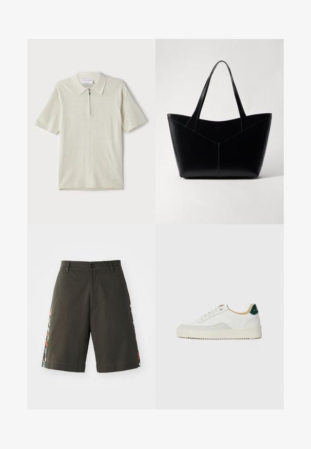 Tricou polo cu mânecă scurtă, de culoare bej deschis, cu guler cu fermoar. Confecționat dintr-un material fin, are un design simplu și modern, fără modele.; Paul Smith EMBORIDERED - Pantaloni scurți - military green; Sneaker alb cu accente din suede, vârf rotund, șireturi plate și o talpă din cauciuc crem. Are un logo verde pe călcâie.; Sac din piele neagră, cu o formă structurată, având două mânere lungi și o detaliu de cusătură în formă de V în față. Textură netedă.