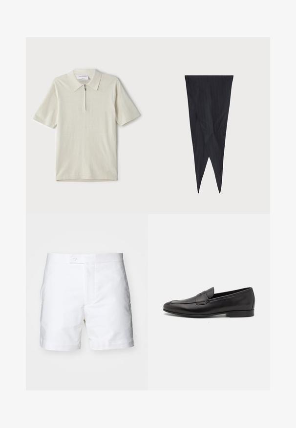 Polo majica s kratkimi rokavi v svetlo bež barvi z zadrgo pri ovratniku. Narejena iz gladkega materiala, ima preprost, sodoben dizajn brez vzorcev.; Bele bombažne kratke hlače s ravnim krojem, dvema stranskima žepoma, gumbom za zapiranje in čisto, gladko teksturo. Robovi so urejeni in zloženi.; Moški črni usnjeni loafer s nizkim peto in klasičnim penny trakom, prikazan v bočnem profilu na belem ozadju.; Tkanina morsko modrih prug, zategnjen dizajn, podolgovata oblika s koničastimi konci, gladka tekstura z vertikalnimi črtami, brez vidne opreme.