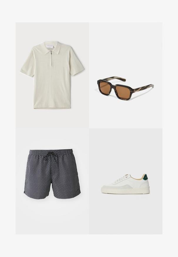 Šviesiai bežinis trumpomis rankovėmis polo marškinėliai su užtrauktuku ant apykaklės. Pagaminti iš lygaus audinio, pasižymi paprastu, moderniu dizainu be raštų.; Juodos maudymosi šortai su balta apvalia raštu, elastinga juostos su raišteliu ir laisva forma patogumui.; Baltos sportbačiai su zomšos akcentais, apvaliu nosiu, plokščiais raišteliais ir kreminės spalvos guminiu padu. Ant kulno yra žalia ženklinimo detalė.; Plastikiniai saulės akiniai su šelkės raštu, aštuonkampiais rudais lęšiais ir plonais auksiniais akcentais ant rėmo.