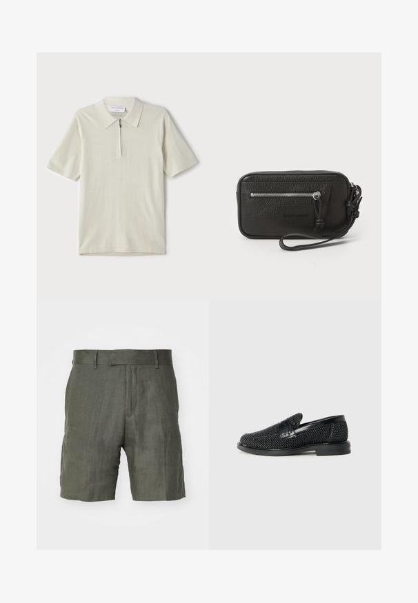 Kortermet polo skjorte i lys beige med glidelås i kragen. Laget av glatt stoff, har et enkelt, moderne design uten mønstre.; Olivenfargede linshorts med en strukturert midje, flat front og sidelommer. Teksturt stoff med en avslappet passform, som når midt på låret.; Sorte vevde slip-on sko med en glatt lærdetalj på overdelen, design med rund tå og en lavprofil gummisåle.; Svart lær clutch med teksturert overflate, frontlomme med glidelås og avtakbar håndleddsreim. Har en logo-patch på fronten. rektangulær form.