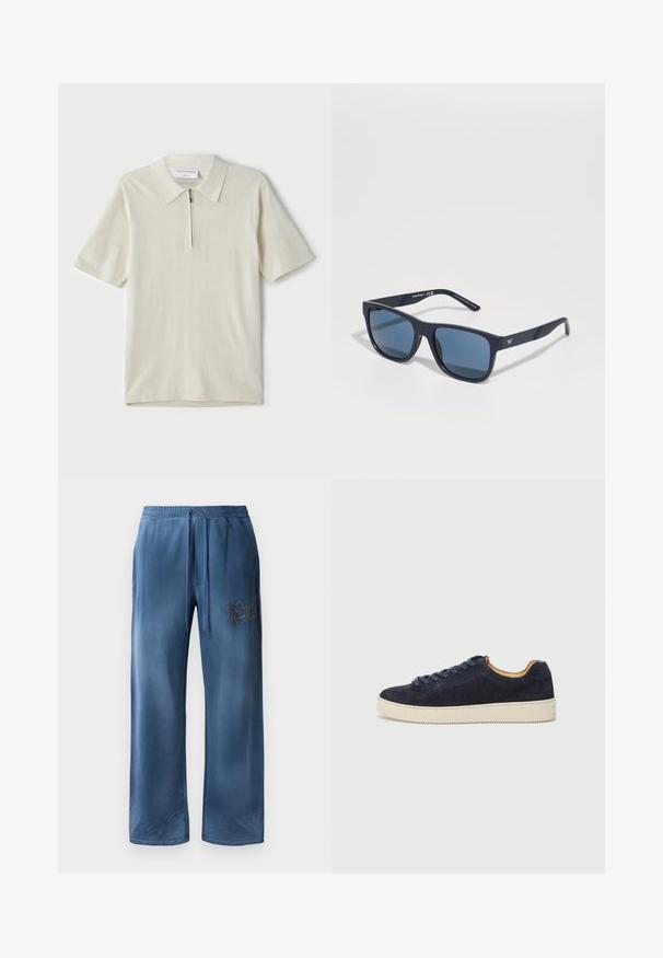 Short-sleeve polo shirt in light beige with a zippered collar. Made of smooth fabric, features a simple, modern design without patterns.; Blue velvet wide-leg pants with elastic waistband, drawstring, side pockets, and embroidered logo on right thigh.; Navy suede low-top sneaker with rounded toe, off-white rubber sole, and matching laces; features a contrasting tan interior lining.; Blue rectangular sunglasses with dark lenses, matte navy frame, logo detail on the temple, straight arms, and a solid, smooth texture.