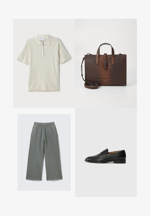 Vaate lyhythihaisista polo-paitojen vaaleassa beige-värissä, jossa on vetoketjukaulus. Valmistettu sileästä kankaasta, yksinkertainen ja moderni malli ilman kuvioita.; Vaaleanharmaat leveät housut, jotka on valmistettu pehmeästä kankaasta. Housuissa on joustava vyötärö ja kaksi sivutaskua, joissa on näkyviä ompeluseikkoja.; Musta nahkainen loafer, jossa on pyöreä kärki, hienovarainen ommelkoristelu ja matala korko, joka on varustettu sileällä pinnalla ja minimalistisella designilla.; Ruskea krokotiilien kuviollinen nahkakäsilaukku, jossa on yläkahvat ja irrotettava olkahihna. Ominaisuuksiin kuuluu solkilukko ja suorakulmainen muoto.