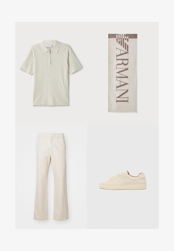Rövid ujjú, világosbézs pólóing, cipzáras gallérral. Simás anyagból készült, egyszerű, modern dizájnnal, minta nélkül.; Beige pamut nadrág egyenes szárú kialakítással, elöl cipzárral és gombos záródással, sima textúrával és minimalista stílussal.; Beige velúr sportcipő alacsony fazonban, kerek orral, lapos fűzőkkel és texturált gumitalppal. Minimalista stílus, látható logók nélkül.; Beige sál barna "ARMANI" logóval. Téglalap alakú, puha tapintású és rojtos szélekkel. Minimalista dizájn, magas minőségű anyag.