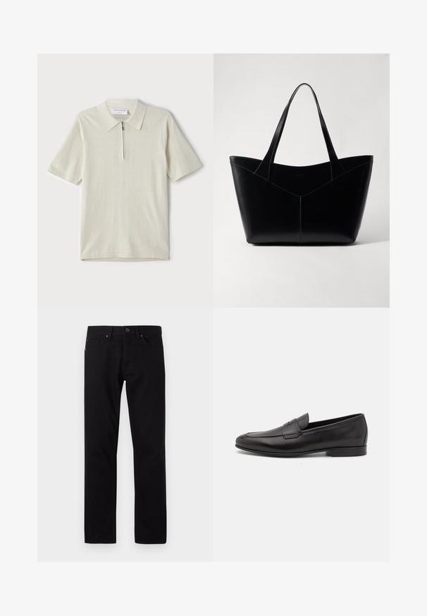 Polo à manches courtes en beige clair avec un col zippé. Fabriqué en tissu lisse, il présente un design simple et moderne sans motifs.; Jean en denim noir avec une coupe droite. Comprend des poches avant, une poche à monnaie et une poche arrière unique. Design simple avec des accents en métal.; Mocassin pour homme en cuir noir avec un petit talon et un design classique à lanière penny, présenté en profil sur fond blanc.; Sac fourre-tout en cuir noir avec une forme structurée, dotée de deux longues poignées et d'un détail de couture en V à l'avant. Texture lisse.
