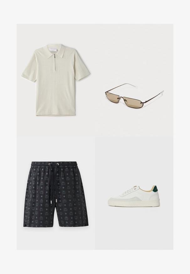 Pánská polo košile s krátkým rukávem v světlé béžové barvě, s límcem na zip. Vyrobena z hladkého materiálu, s jednoduchým, moderním designem bez vzorů.; Černé koupací šortky se vzorem opakujících se log a kosočtverců. Vyrobené z lehkého materiálu, s elastickým pasem a šňůrkou.; Bílé tenisky se semišovými prvky, kulatou špičkou, plochými tkaničkami a krémovou gumovou podrážkou. Na patě mají zelené logo.; Hnědé kovové obdélníkové sluneční brýle s hnědými zabarvenými skly a tenkými průhlednými koncovkami ramínek, s minimalistickým designem a diskrétním logem.