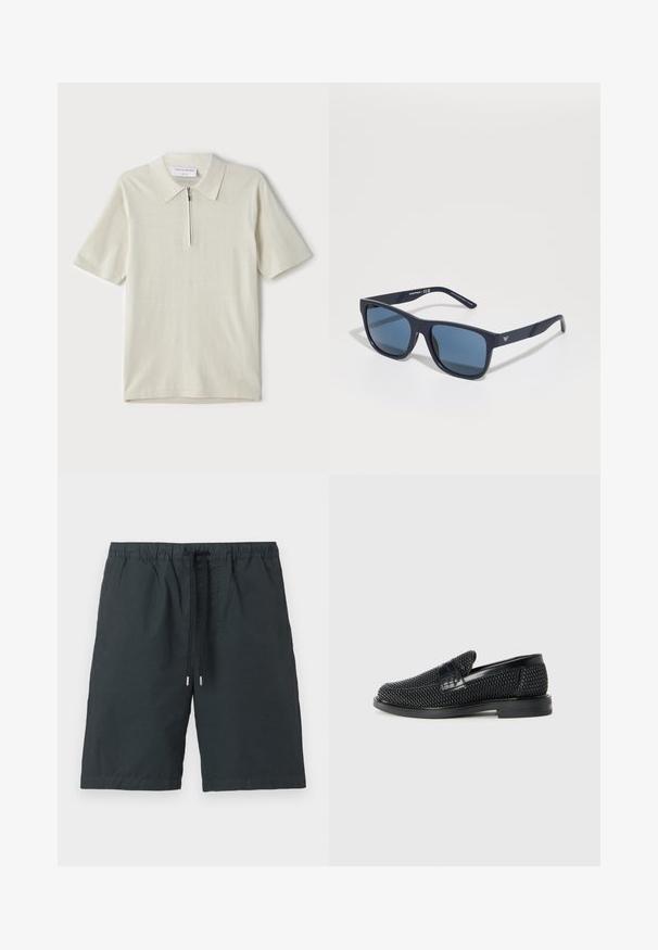 Short-sleeve polo shirt in light beige with a zippered collar. Made of smooth fabric, features a simple, modern design without patterns.; Elastic waistband black shorts with a drawstring closure, made of lightweight fabric, featuring two side pockets and a straight cut.; Black woven slip-on shoe with a smooth leather accent on the upper, a round toe design, and a low-profile rubber sole.; Blue rectangular sunglasses with dark lenses, matte navy frame, logo detail on the temple, straight arms, and a solid, smooth texture.