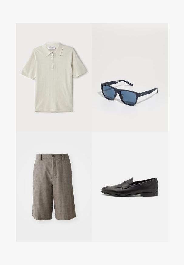 Pánská polo košile s krátkým rukávem v světlé béžové barvě, s límcem na zip. Vyrobena z hladkého materiálu, s jednoduchým, moderním designem bez vzorů.; Šedé kostkované šortky s upraveným střihem, s předním zapínáním na knoflík a dvěma bočními kapsami. Vyrobeno z texturované látky.; Černé kožené pánské mokasíny s nízkým podpatkem a klasickým designem se sponou, zobrazené v bočním profilu na bílém pozadí.; Modré obdélníkové sluneční brýle s tmavými skly, matně námořnický rám, detail loga na spánkové části, rovné nožičky a hladký, solidní povrch.