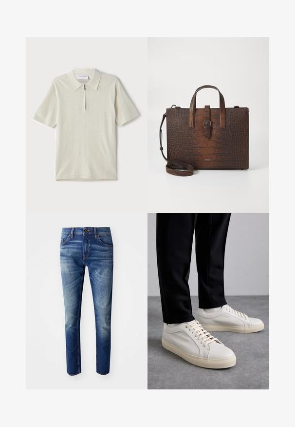 Polo de manga curta em bege claro com colarinho com fecho. Feito de um tecido suave, apresenta um design simples e moderno, sem padrões.; Jeans slim fit feitos de denim numa lavagem azul média a escura. Apresenta cinco bolsos, fecho de botão e desbotamento leve nas coxas.; Tênis de couro bege claro com atacadores planos, uma superfície texturizada e uma sola de borracha creme contrastante, combinados com calças pretas ajustadas.; Bolsa de mão em pele castanha com relevo de crocodilo, possui alças superiores e uma alça de ombro destacável. Apresenta um fecho por fivela e forma retangular.