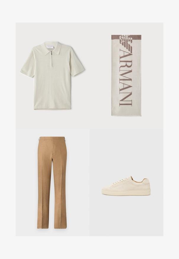 Polo majica s kratkimi rokavi v svetlo bež barvi z zadrgo pri ovratniku. Narejena iz gladkega materiala, ima preprost, sodoben dizajn brez vzorcev.; Rjave lanene hlače s ravnim krojem, ki se ponašajo z gladko teksturo, skritim pasom in brez vidnih žepov.; Bež suède teniska z nizkim dizajnom, okroglim prstom, ravnimi čipkami in teksturirano gumijasto podplatom. Minimalističen slog brez vidnih logotipov.; Bežna šal s "ARMANI" logotipom v rjavi barvi. Pravokotna oblika z mehko teksturo in resicami na robovih. Minimalističen dizajn, visokokakovosten material.