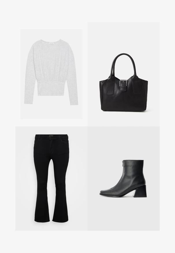 Svetlo siva majica z dolgimi rokavi iz mehkega blaga, ki ima prilegajoč pas s nabranimi detajli in okroglo izreza.; Črne razširjene jeans hlače iz denima, z gumbom za zapiranje, petimi žepi in gladko teksturo. Klasičen dizajn z razširjenim robom.; Črne usnjene gležnjarice s kvadratnim nosom, stranskim zadrgo in blok peto na enostavni svetli podlagi.; Črna usnjena torba s gladko teksturo, strukturirano obliko, dvema ročkama in izrazitim srebrnim sponko na sprednji strani.