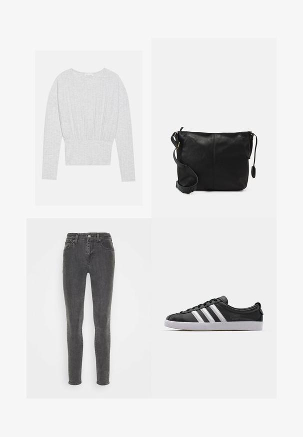 Top lung cu mânecă lungă de culoare gri deschis, realizat dintr-un material moale, având o talie ajustată cu detalii plisate și un decolteu rotund.; Jeans skinny din denim gri închis, cu un design clasic cu cinci buzunare, bucle pentru centură și închidere cu nasture. Textură netedă cu o ușoară decolorare.; Sneaker din piele neagră cu design cu trei dungi albe, vârf rotund, talpă plată din cauciuc alb și detalii de marcă pe lateral.; Geantă de umăr din piele neagră, cu o formă plată, accente de metal auriu și o curea ajustabilă. Textură netedă cu detalii de cusătură minime.